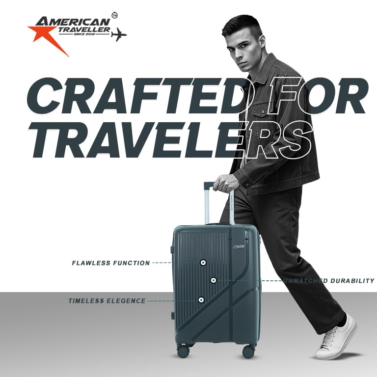 Image of AMERICAN TRAVELLER Poineer Trolley Bags | TSA Type Lock | Large Polypropylene Hardshell, Expandable, 8 Disc Wheels, TSA Type Lock
