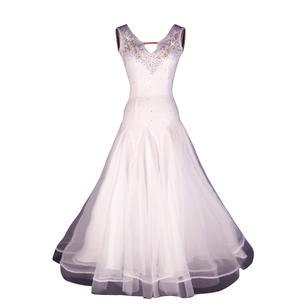 Yc bene donne danza moderna standard da ballo concorrenza abiti danza strass, collo a V bianco costumi espansione gonna per donne Tango Valzer abiti White Medium