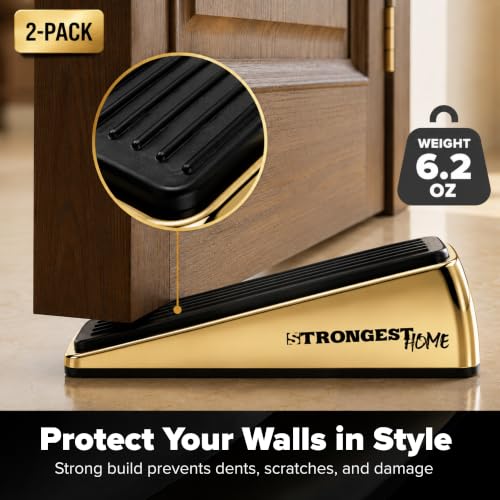 Image of STRONGEST HOME Gold Door Stoppers for Bottom of Door - Heavy Duty Metal Rubber Stopper, Non-Slip Door Stop for Heavy Doors, Works on Wood, Tile & Carpet, Wedge 2 PCs + 2 White Wall Protectors
