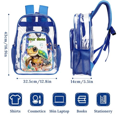 Custom Turtle Clear Backpack Heavy Duty for Girls Kids Boys Women Men - Large Cute PVC Sea Turtles Theme Printing Transparent Backpacks for Schools Stadium Concerts Work - Clear/Blue3