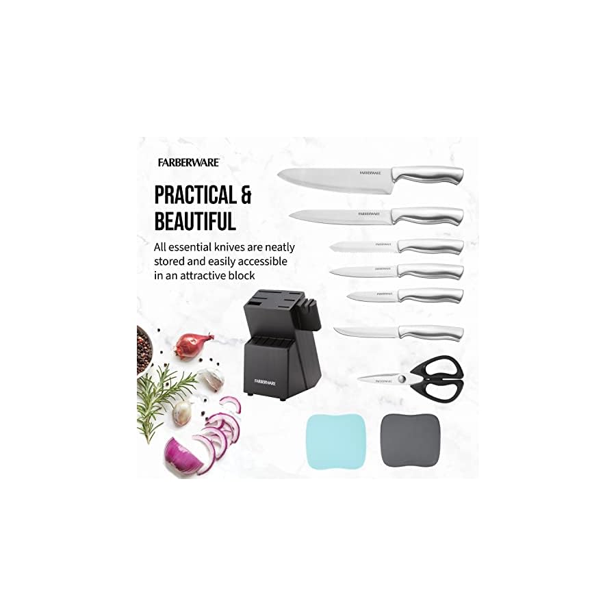 Farberware Stainless Steel Knife Block Set with Built-In Sharpener and Cutting Mats, 15-Piece Value Set, High-Carbon Stainless Steel Kitchen Knives, Razor-Sharp Knife Set with Boards, Black
