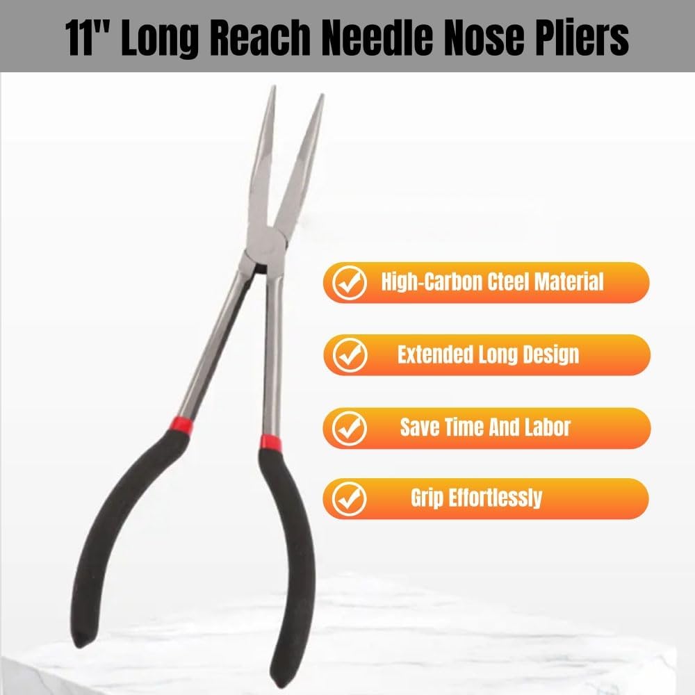 11-Inch Long Reach Needle Nose Pliers ，Straight Needle Nose Pliers with Milled Jaws & Non-Slip Grips for Mechanics, Electricians, and Home Repairs