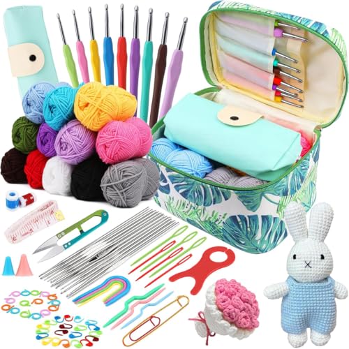 Azulmart 88Pcs Crochet Kit Beginners Crochet Hook Set Include 12 Colors Crochet Yarn Hook Bag Lace Steel Needles 0.6-1.2 mm Complete Knitting Accessories for Starters Professionals Travel Supplies