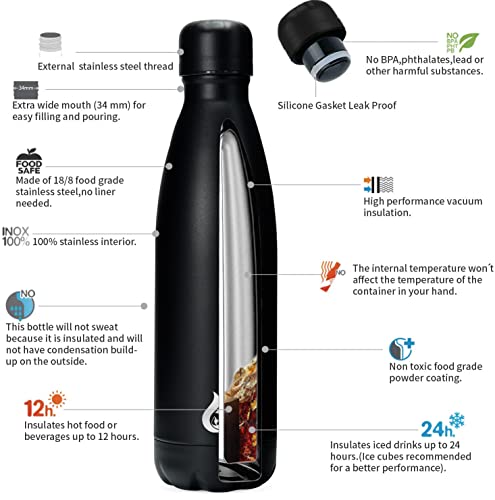 Image of BJPKPK Insulated Water Bottle 17oz Stainless Steel Water Thermal,Black