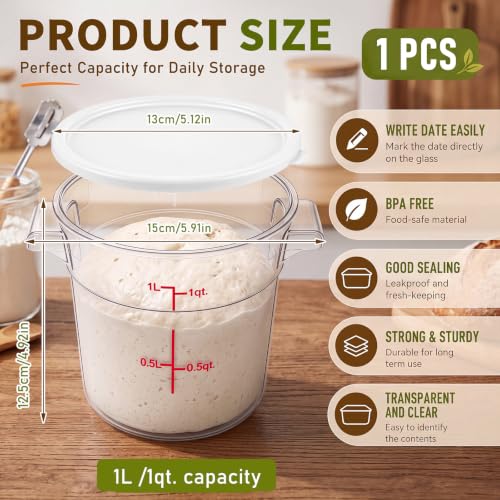 Image of Ziliny 1 Pcs 1 Qt Dough Proofing Container with Lid and Red Scale, White