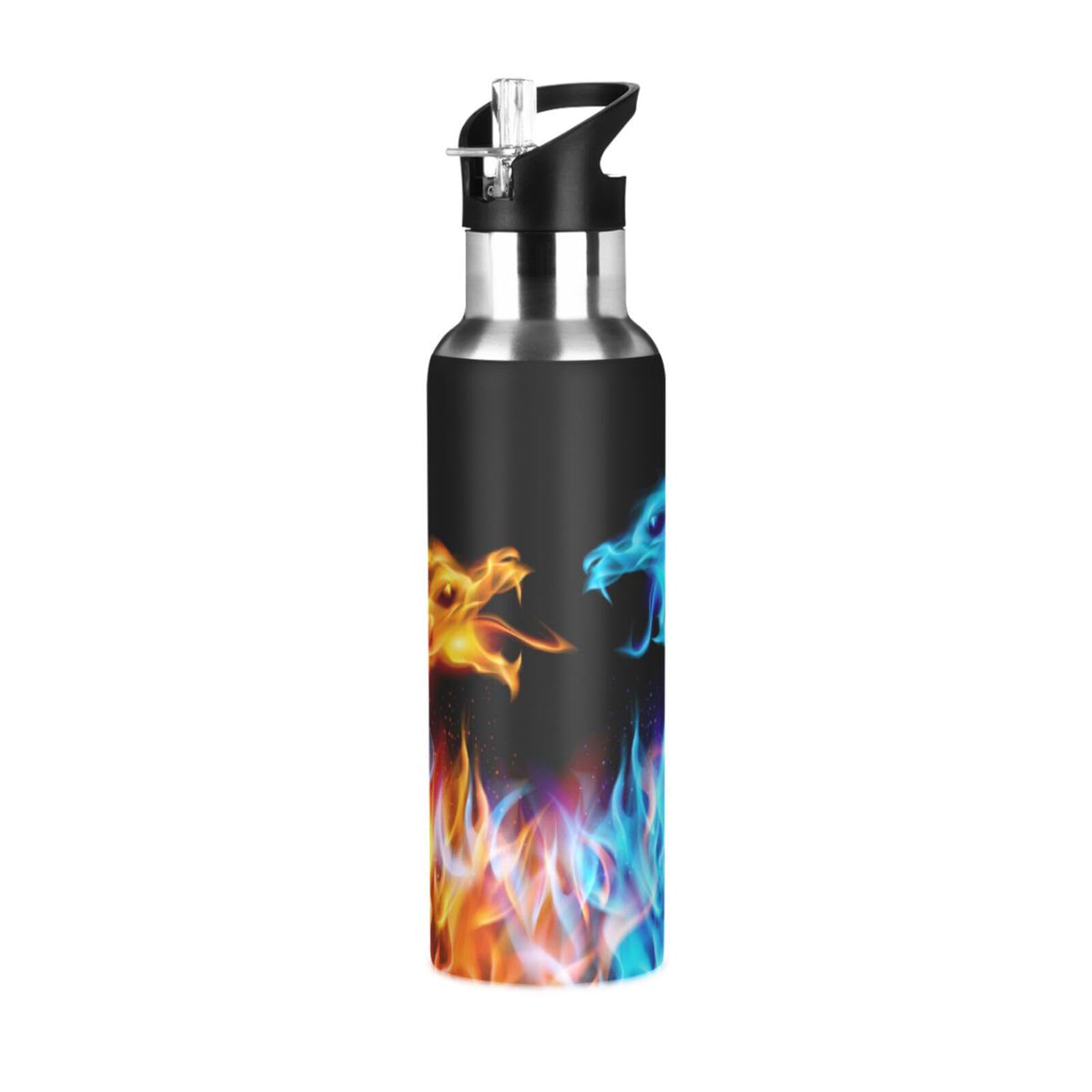 Mnsruu 20 Oz Water Bottle with Straw Fire Dragons Stainless Steel Water Bottle for Traveling Sports Leakproof…