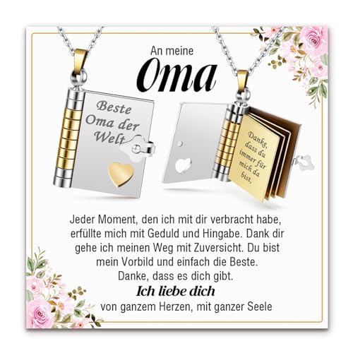 Oma Geschenk, Buch-Anh&auml;nger Kette mit Gravur Halskette Geschenke f&uuml;r Omi