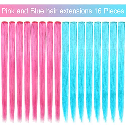 MQY COLOR 16 PCS 21 Inches Multi Colored Hair Extensions Clip in Kids Blue Pink Hairpieces Party Highlights DIY Hair Accessories for Girls Women (Sky blue+Hot pink) - Image 2