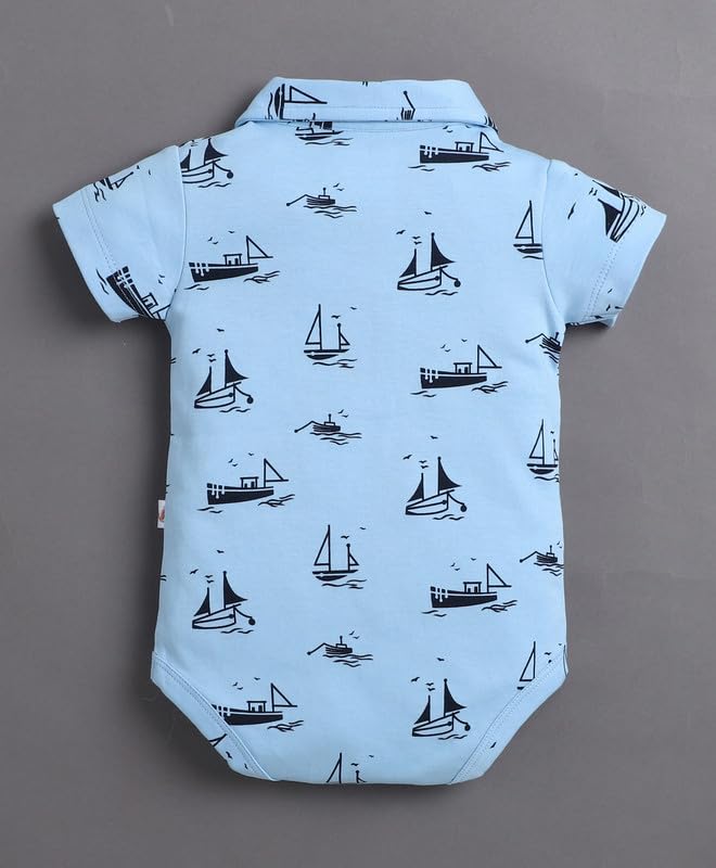 Image of BUMZEE Boys Regular Fit Half Sleeves Collar Neck Cotton Bodysuit & Short Set With Applique Bow Suspender & Cap