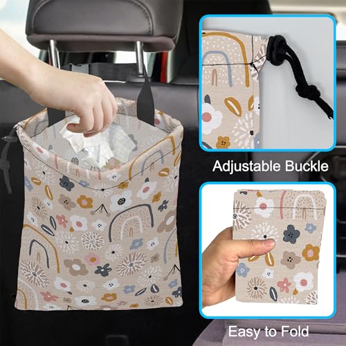 Image of Car Trash Bag Hanging Creative Floral Rainbows Car Trash Can Waterproof Garbage Bag Hanging for Car Back Seat