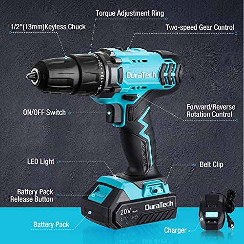 Duratech 20V Cordless Drill, Electric Power Drill Driver Set With 1/2 Inch Keyless Chuck thumb #1