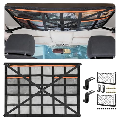 Autodach Gepäcknetz Decke, Universal Aufbewahrungsnetz mit Verstellbare Kreuzgurte und 3 unabhängige Reißverschlusstaschen für Vier Dach Armlehnen auf Autos, Van, SUV MIT 2 Stück Auto Aufbewahrungsnet