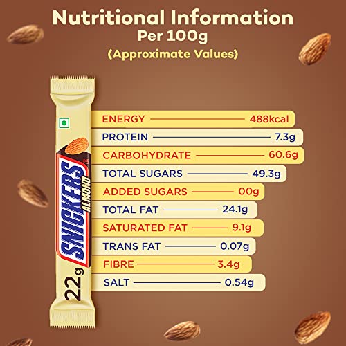 Image of Snickers Almond Filled Chocolate Bar | Loaded With Delicious & Nutritious Roasted Almonds And Rich Caramel | Premium Chocolate For Sharing | 22 G | Pack Of 24, 528 Gram