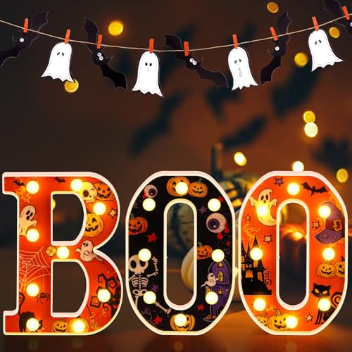 Image of Aurelema Halloween Boo Light up Sign Table Decorations, LED Boo Marquee Words Indoor Tabletop Centerpiece for Bedroom Kitchen Fireplace Party Supplies