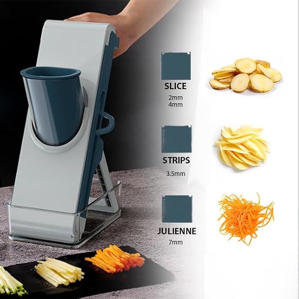 Mandoline Slicer for Kitchen, Adjustable Slicing Thickness, Snap-in Legs, Feeding Port,Food Container, Safe 4in1 multifunctional potato slicer and salad chopper for slices, strips & julienne