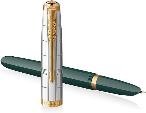 PARKER 51 Premium Fountain Pen Green with Gold Trim- Medium nib black ink