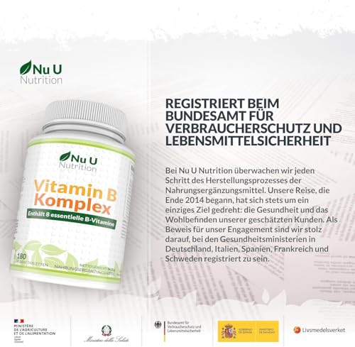 Vitamin B Komplex - 180 Vegan Tabletten - Alle 8 B Vitamine in einer Tablette - 6 Monate - Vitamine B1, B2, B3, B5, B6, B12, Biotin & Folsäure - Nahrungsergänzungsmittel von Nu U Nutrition