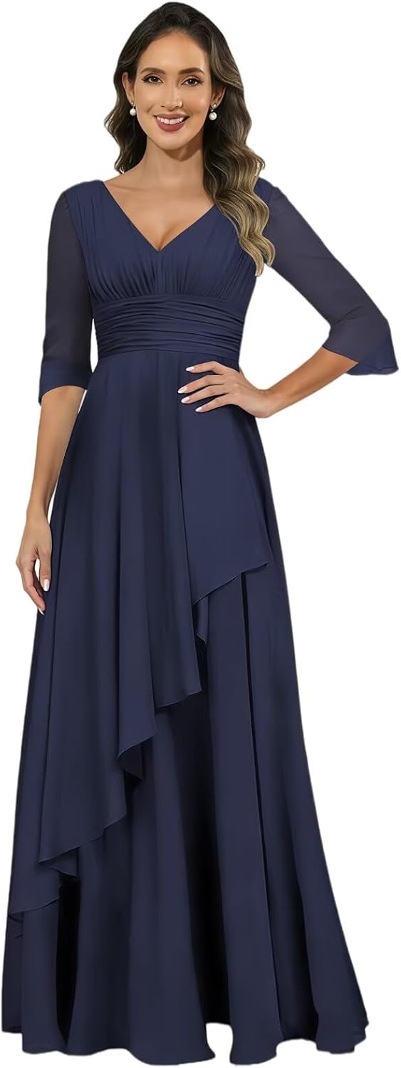 Chiffon Mother of The Bride Dresses for Women 3/4 Sleeve V Neck Long Ruffled Formal Evening Dress