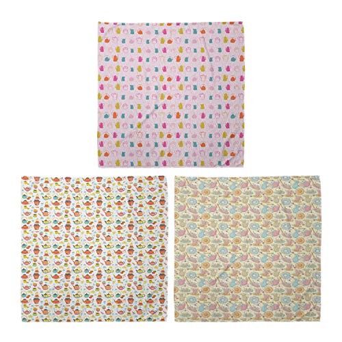 ABAKUHAUS Pack de 3 Bandanas Unisex, En colores pastel retro teteras Arte de la cocina de la panadería de la torta del tema Ollas, Multicolor