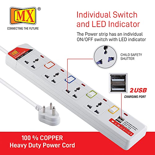 Image of MX 4-Way Power Strip with Individual Switches & LED Indicator | Spike Guard with Circuit Breaker | 2 USB Ports 5V 2.1A | Child Safety Shutter, 3M Cord