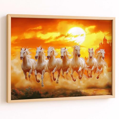 Image of HOTHOUSE Seven Running Vastu Lucky Horse Rising Sun Painting Wall Decor | 7 Horses Vastu Frame Wall Art Painting for Living Room Bedroom Office Home Decor Size (13X17 inch)