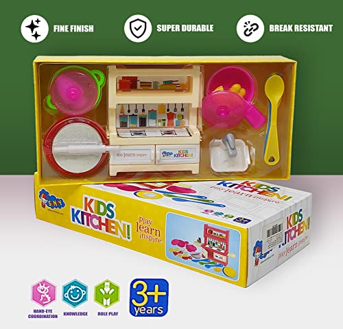 Image of Blossom Kitchen Set Toy for Kids | Pretend Play Cooking Set for Girls with Spoon, Fork, Knife, Pan, Plates, Vegetables, Chapati Roller & Stick | Modern Indoor & Outdoor Play Kitchen Toy - Multicolor