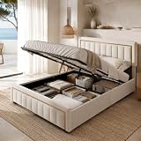 Cama de Matrimonio 140x200 cm con Canapé Abatible, Cama Tapizada de Terciopelo con Gran Espacio de Almacenamiento, Cabecero y Pie de Cama Acolchados, sin Colchón, Beige