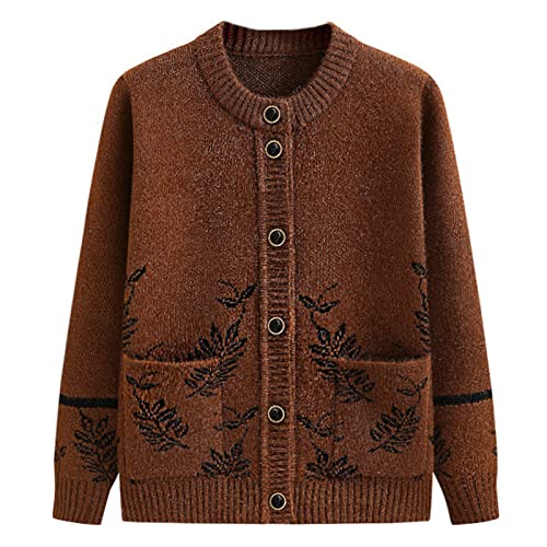 Cardigan Damen Elegant,Strickjacken Für Damen, Retro-Braun, Zweigblatt, Rundhalsausschnitt, Langarm, Vorne Offen, Pullover, Strickjacke, Winter, Verdicken, Weiche Strickoberbekleidung, Ältere Frau Cover