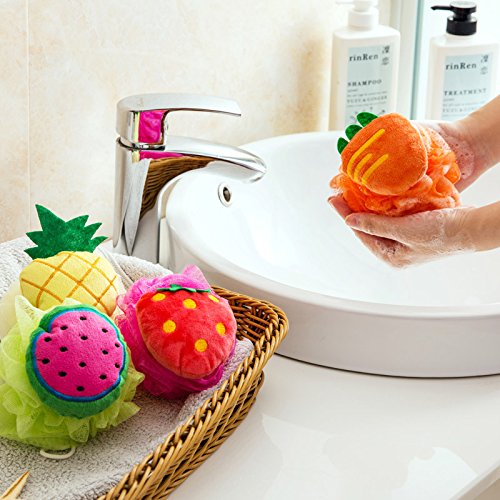 Rocutus 4pcs Child Bath Shower Sponge Pouf Loofahs Mesh Brush Shower Ball Cute Bath Flower with Hooks for Travel (Mixed 1)