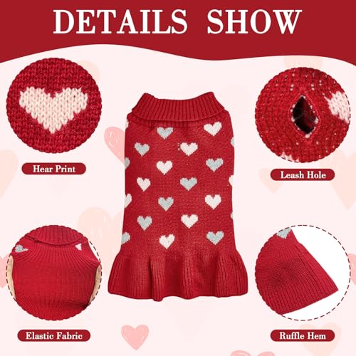 Yaopelky Small Dog Jumper Dress with Heart Pattern Valentine’s Day Puppy Sweaters Knitted Turtleneck Pet Outfits Warm Dog Clothes for Small Dogs Cats (Red - Image 4