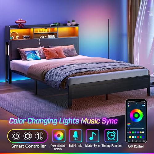 Image of Rolanstar Full Bed Frame with Storage Headboard & Side Shelf, Metal Platform Bed with Charging Station, LED Bed Frame, No Box Spring Needed, Easy Assembly, Noise-Free, Black