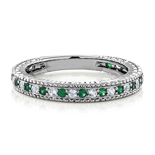 Gem Stone King Green Simulated Emerald and White Created Sapphire Ring | 925 Sterling Silver | Anniversary Wedding Band Ring For Women | 0.48 Cttw | Available In Size 5, 6, 7, 8, 93