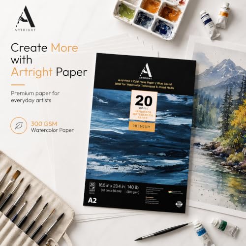 Image of ArtRight Artists' Watercolor Paper A2 300 GSM - 20 Sheets of Handmade Rough Grain Water Colour Papers for Watercolour, Acrylic, Gouache, Ink & Mixed Media