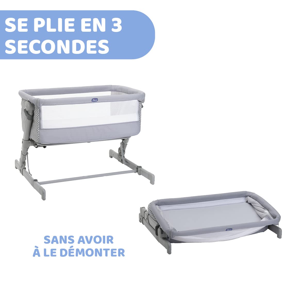 Chicco Next2Me Go Berceau Bébé Lit Latéral, Compatible avec Plusieurs Lits, Réglable en Hauteur, Bonne Circulation d’Air, Berceau de Voyage, Lit de Voyage, Pliable, Gris Clair