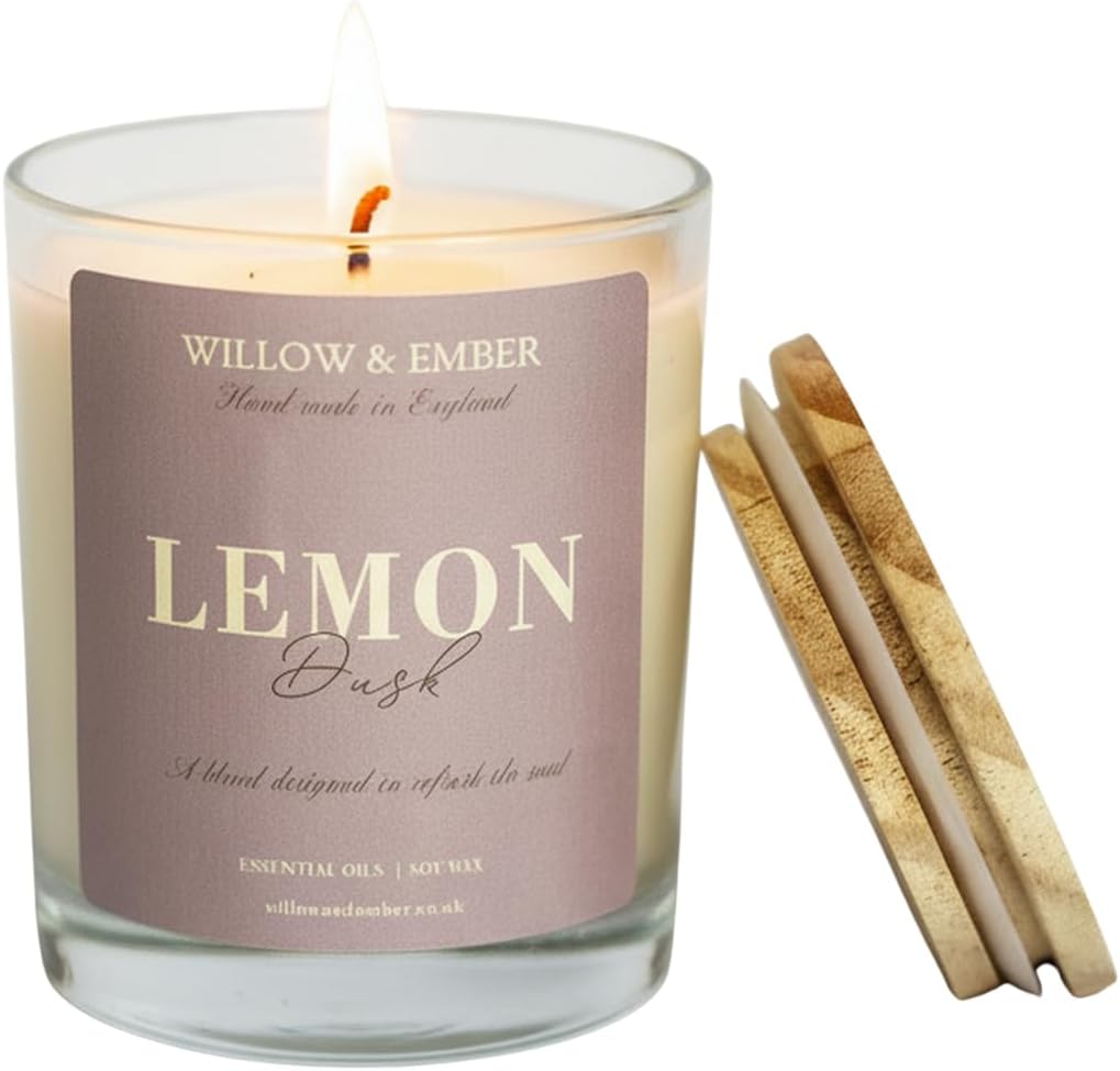 Lemon Dusk 30 Hr Burn time | Essential Oils | Handmade in UK | Non-Toxic, Aromatherapy Candle | Clean Burn Soy Wax | Blend of Lemon, Bergamot, Chinese Eucalyptus, Lavender