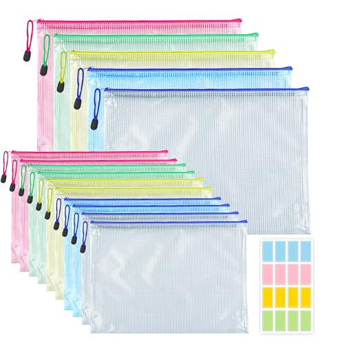 ZUYIST 15 bolsas para documentos A4 A5, impermeables con cremallera, bolsa de malla transparente, bolsas de plástico para suministros de oficina, documentos, papel, artículos de papelería, cosméticos,