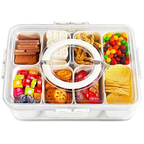 8 Compartments Snackle Box Snack Containers,Divided Serving Tray with Lid and Handle,Charcuterie board with lid,Clear Snack Platter Organizer for Adults,Snack Box for Fruits, Candy, Condiment,Party Cover