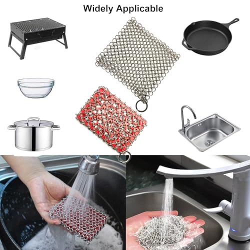 Image of 2PCS Cast Iron Scrubber, Stainless Steel Silicone Core Skillet Chainmail Scrubber Brush for Cleaning Pans, Cookware, Cups