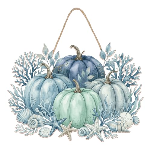 Coastal Fall Decor for Home - Fall Beach Decor Blue Coastal Pumpkin Door Hanging Sign Welcome Wall Signs Door Wreath Sign Hanging for Home Wall Outdoor Indoor Supply Decor Gifts 1410 Inch