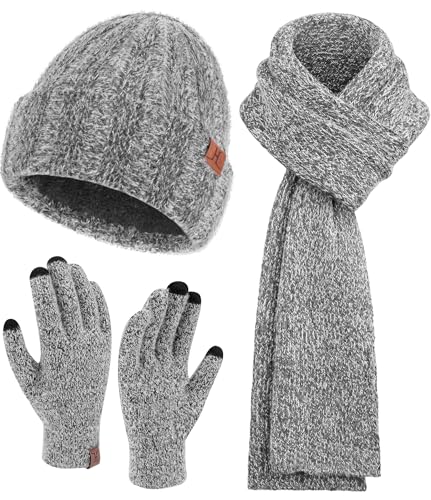 Womens Winter Warm Knit Beanie Hat Touchscreen Gloves Long Neck Scarf Set with Fleece...