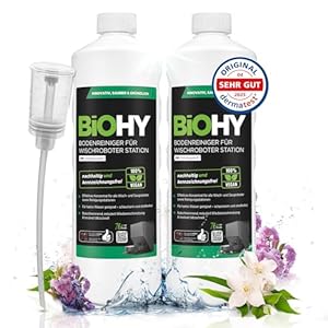 BiOHY Bodenreiniger für Wischroboter Station mit Frühlingsduft (2 x 1 liter) + Dosierer | Reinigungsmittel Konzentrat für alle Wisch & Saugroboter mit Nass-Funktion | Schaumarm & Streifenfrei