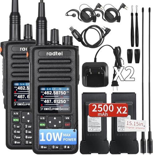 Radtel RT-730 10W Heavy Duty Walkie Talkie, Tri Band Ham Radios Long Range 199CH, Rechargeable Handheld Radio, NOAA, AM Aviation Band Dual PTT for Biking Camping Hiking (2 Pcs + Cable +Earpiece)