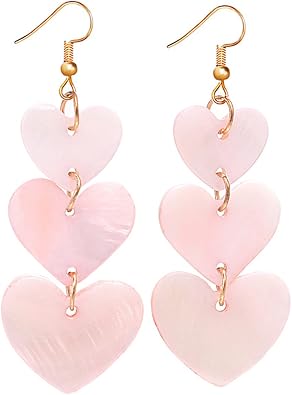 coadipress Acrylic Love Heart Earrings for Women Unique Lightweight Geometric Resin Three Pink Heart Dangle Drop Earrings Jewelry