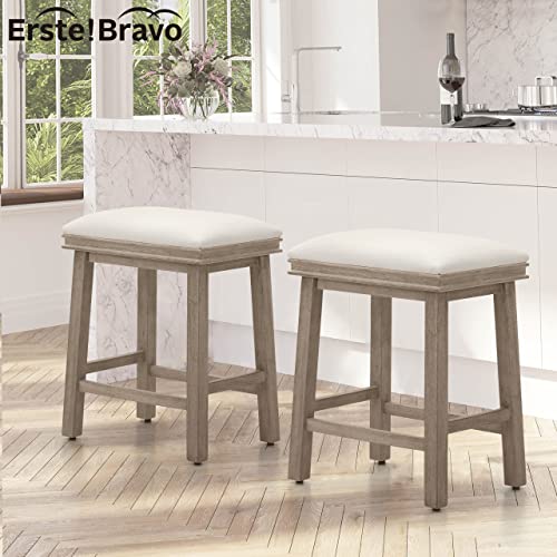 Erste!Bravo White Solid Wood Bar Stools Set Of 2 For Kitchen Counter Counter Height Barstools With Faux Leather Farmhouse Upholstered Stools For 34"-38" Counter Island, White Cushion & Wood Legs #TOP5