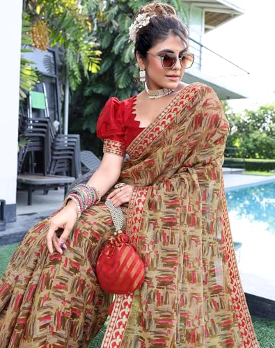 Image of Yashika Women's Georgette Saree with Lace Border |Solid Digital Printed Saree for Women