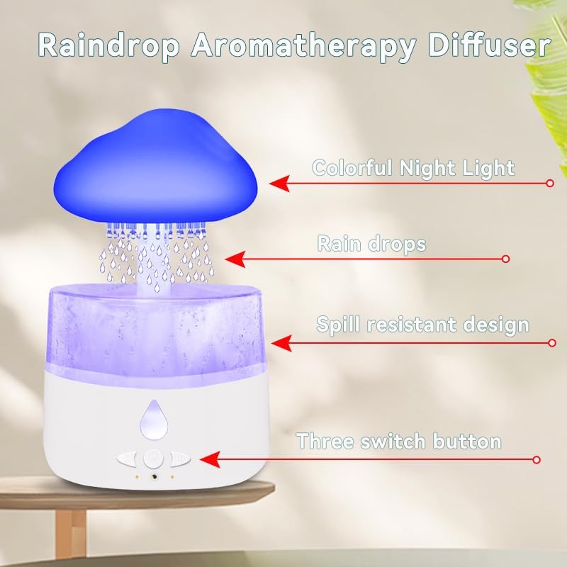 Miniatura 6 de Humidificador Rain Cloud, humidificador de lluvia, goteo de agua, sonidos de lluvia para dormir, lámpara de cascada de hongos, humidificadores de