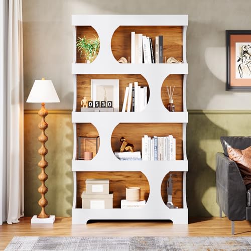 Image of Tribesigns 71 inch Tall Bookcase, 4-Tier S-Shaped Bookshelf, Wood Decorative Storage Shelving, Modern Freestanding Display Shelves, Large Library Book Shelf Unit for Home Office Living Room, White & Brown