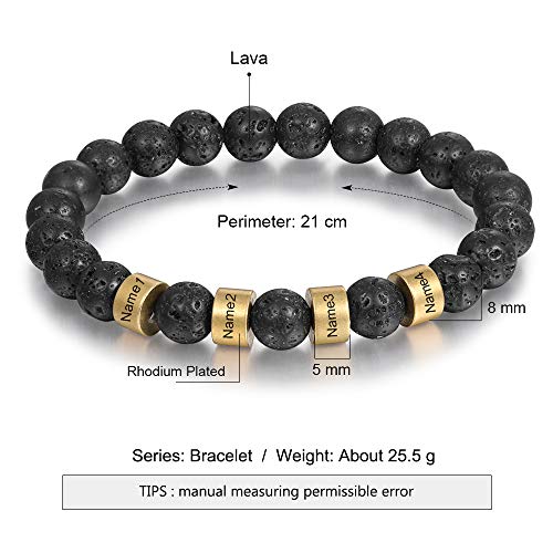 Lam Hub Fong Personalized Beads Bracelets For Men Chakra Stone Bracelets Custom Initial Name Bracelet Mens Malachite Tiger Eye Lava Stone Bracelet Beads (Black-Lava, 3 Silver Beads) #TOP1