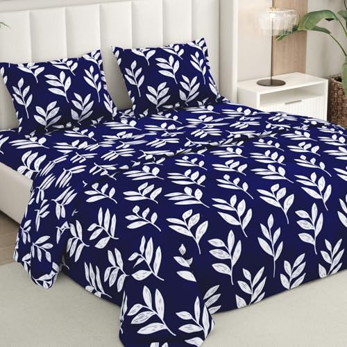 Image of Rivermoor 200 TC Ultrasoft Cotton Bedsheet for Double Bed | Queen Size Bed Sheet with 2 Pillow Covers | Navy Floral Print | 88 x 96 Inches | Breathable & Hypoallergenic