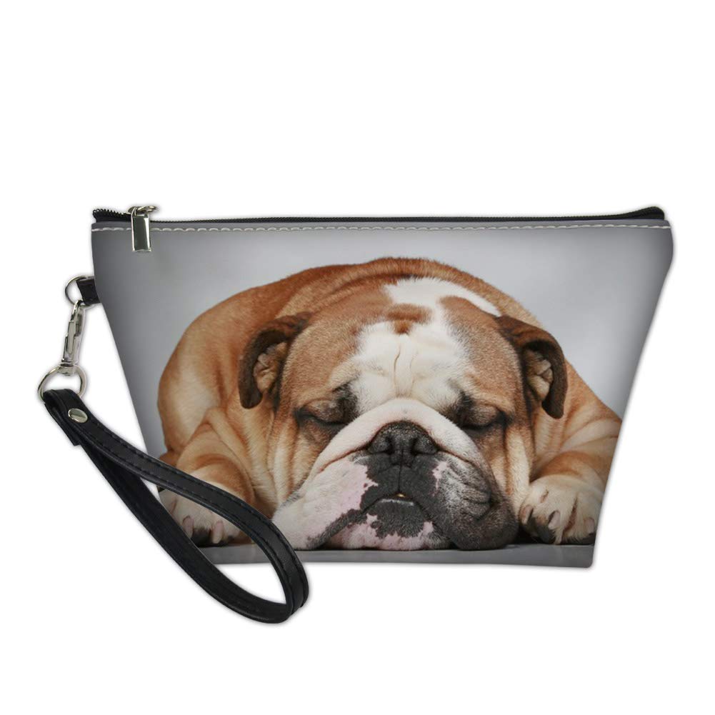 Showudesigns English Bulldog Leather Toiletry Kit Clutch Handy Bag Make Up Bag for Women Teens Cosmetic Case Trapezoid